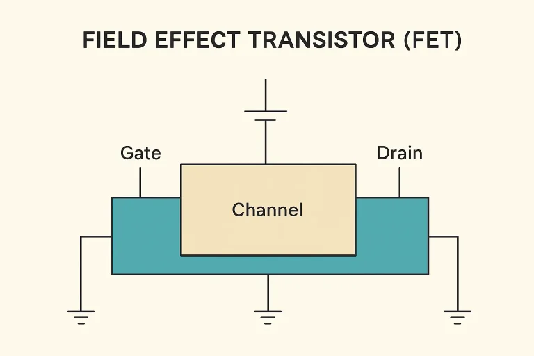 Diagram showing the structure and working of a Field Effect Transistor (FET)