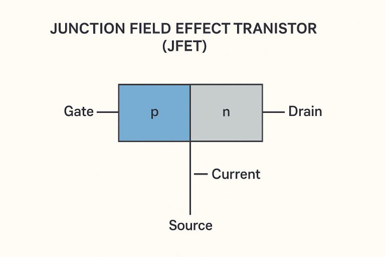 A labeled diagram showing the structure and working of a Junction Field Effect Transistor (JFET)