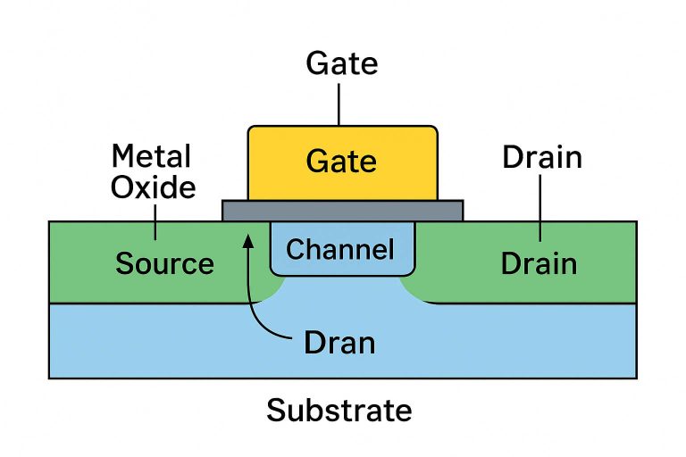 A labeled digital diagram showing the structure and working of a MOSFET (Metal Oxide Semiconductor Field Effect Transistor)