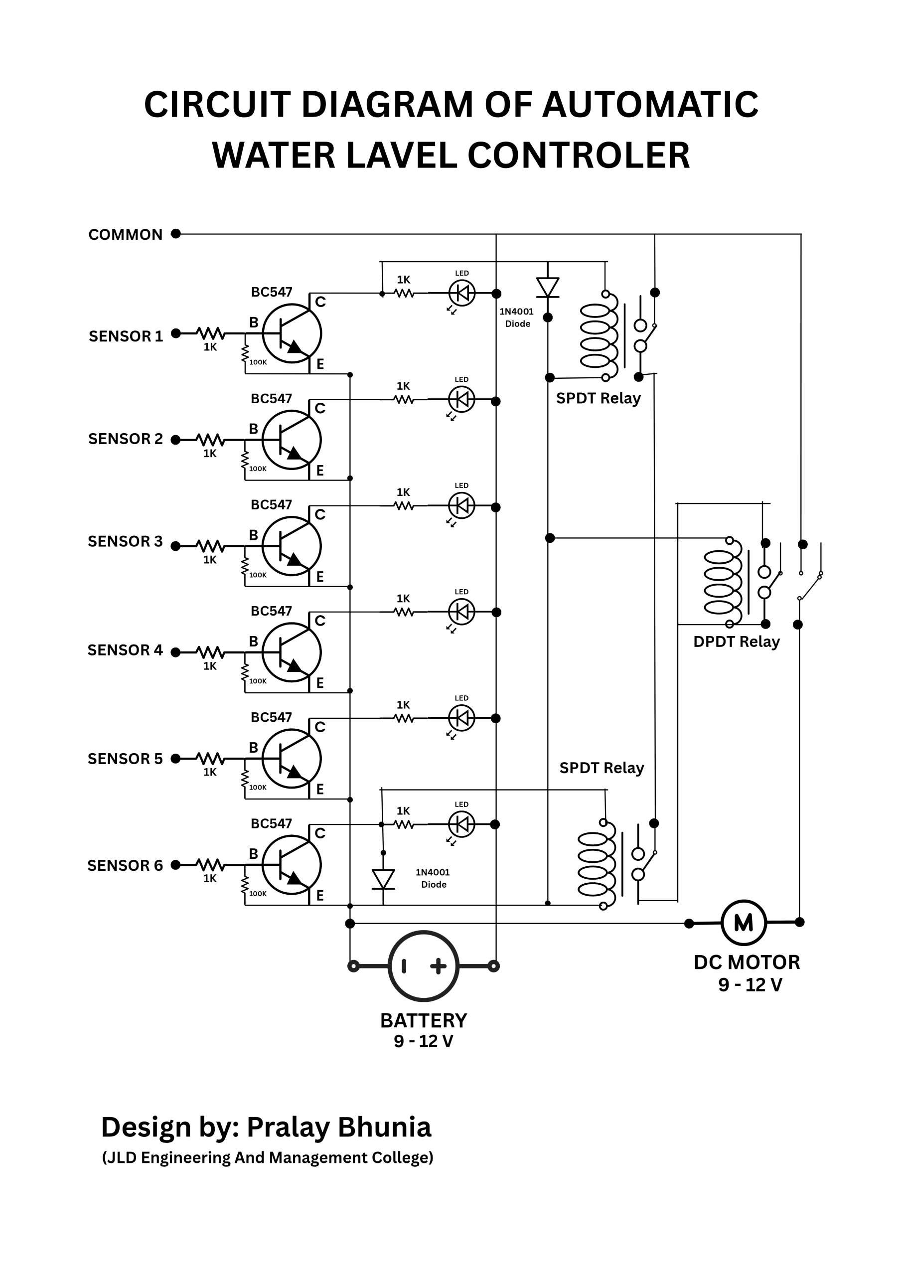 CIRCUIT DIAGRAM OF AUTOMATIC WATER LAVEL CONTROLER